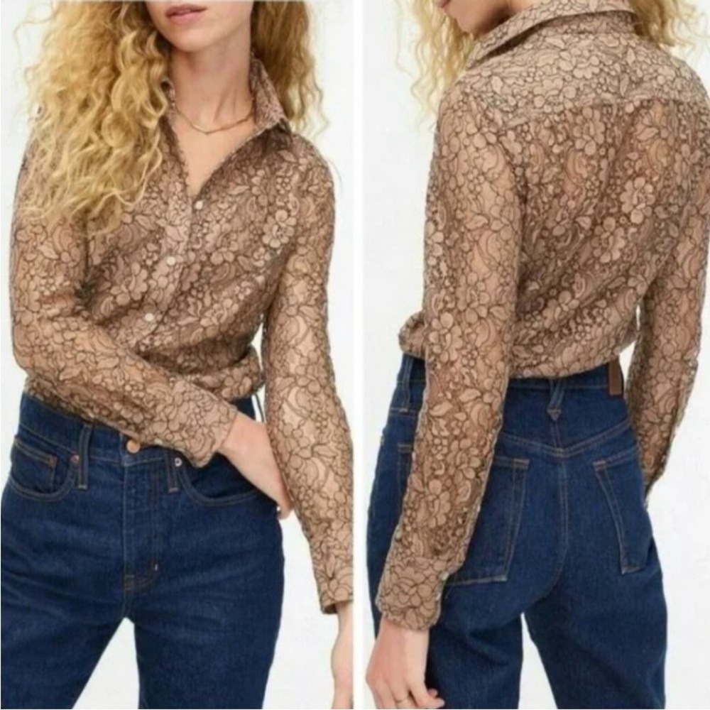 J.Crew Professional Floral Lace Button Down Shirt Camel Tan Size 20 XXL 2XL